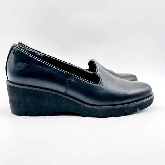 Vionic Shoes Womens 9 Black Leather Wedge Heels Slip On Comfort Orthotic Willa - Picture 1 of 10